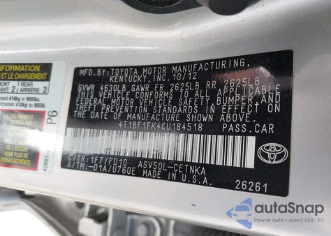 2012 Toyota Camry Le from USA, damaged, VIN 4T1BF1FK4CU184518